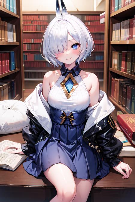 <lora:add_detail:0.5>,masterpiece,best quality,highres,library,looking at viewer,<lora:Bethel-05:1>,asbethel,white hair,short hair,hair over one eye,horns,blush,light smile,white shirt,sleeveless shirt,collared shirt,blue jacket,off shoulder,puffy sleeves,high-waist skirt,blue skirt,black gloves,