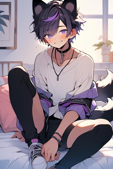 (masterpiece, best quality:1.2), illustration, absurdres, highres, extremely detailed, perfect face, 1boy, male focus, (adult male:1.2), sitting on bed, purple hair, short hair, messy hair, purple eyes, blue off the shoulder sweater, black sport shorts, bulge, black thigh highs, dog collar, flat chest, thick thighs, tall, smiling, looking at viewer, dog ears, dog tail, femboy, otoko no ko,