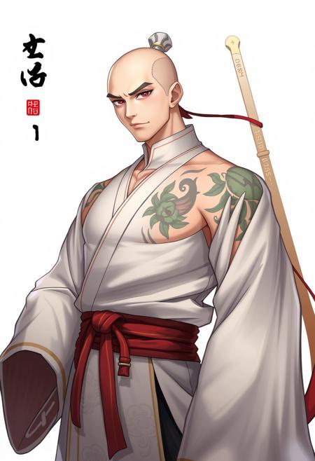 game character, chinese clothing, original art design, solo, baldness, 1boy, male focus, tattoo, white background, full body