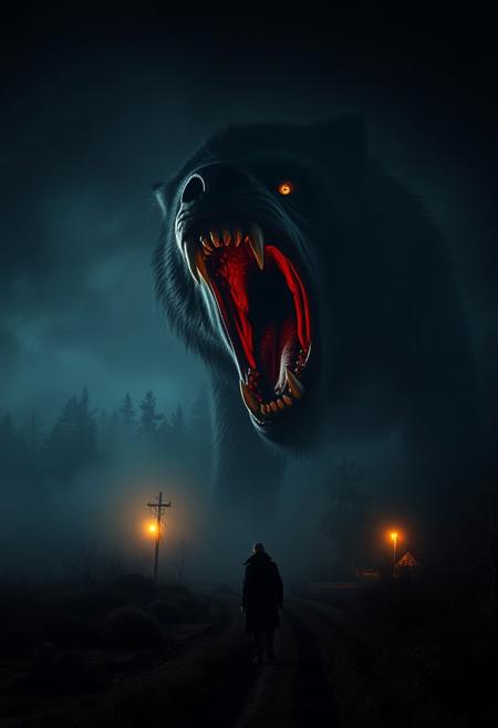 surreal scene, in the distance werewolf giant in the countryside, open red maw, creepy eyes, horrors, houses, pitch darkness, fog, airy, night, forest, intricate details, hyper-realistic, hyper-detailed, ultra-sharp, professional photoshoot, moody chiaroscuro lighting, vivid color