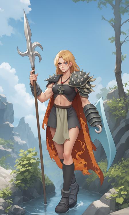 1girl, blonde hair, armor , weapon , blue eyes , solo, polearm, ((shield)), hook hand , holding, boots, long hair, pauldrons, shoulder armor, holding weapon, holding polearm, holding shield, cape