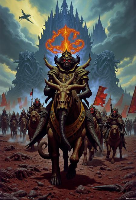 A highly detailed fantastical picture of a demon lord leading a demon army across the plains of hell. He rides a large hell beast. His royal sigils glow around his head. The army is armed, armored, they carry royal banners. A large hell city is in the distance behind them. Strange creatures fly around the sky.
