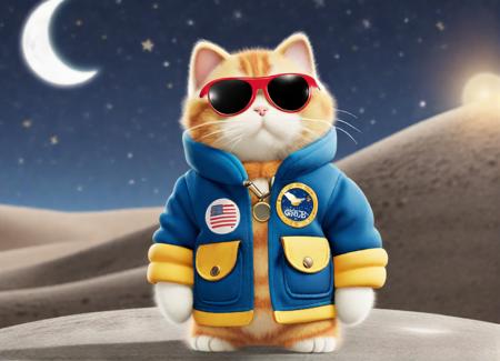 party animals style,  a cat wearing a jacket and sunglasses, standing  on the moon land<lora:PartyAnimals_1.0:0.8>