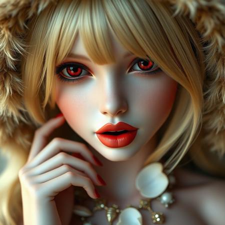 A stunning doll like face close-up of a blonde woman, gothic fashion, with bright red eyes, moist pink lips, smooth skin, fangs, wearing a fluffy animal ear hood, wearing beautiful necklace,wide cleavage,  soft lighting, realistic and delicate facial features, fallen snowpetal,  photorealistic rendering. Natural light interplay on skin,Photorealistic shadow softness, Lifelike hair gloss , Photorealistic color grading, One hand resting on the chin, shoulders slightly hunched, head tilted slightly downwards.