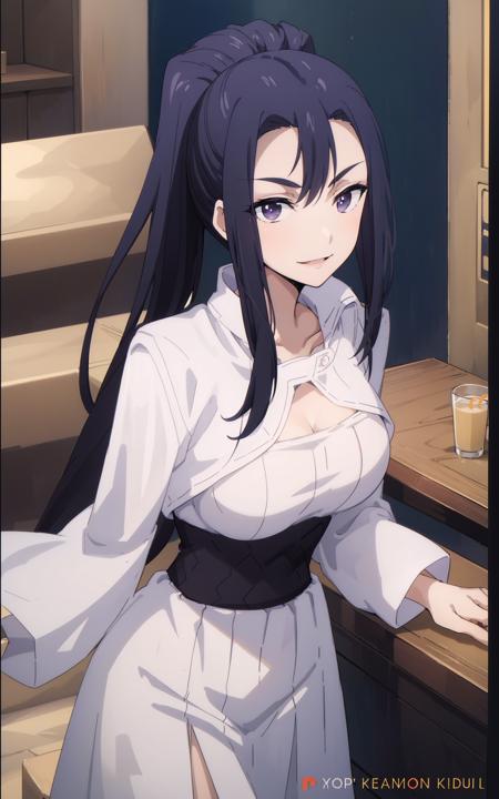 anime, ((medium up)), lixu, a woman with long black ponytail hair, three front hair strands, purple eyes, a white one-piece outfit, a black waistband, smiling, at the bar, 8k, Unreal Engine 5, octane render, by kyun, gamang, Yoon Gon-Ji, g.ho, gosonjak, shuroop, serious, domi, noah, trending on pixiv, fanbox, skeb, masterpiece, smooth soft skin, big dreamy eyes, beautiful intricate colored hair, symmetrical, anime wide eyes, soft lighting, concept art, digital painting, <lora:lixu:0.65>