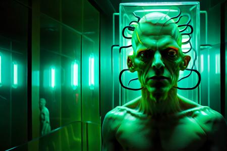 creativity_extractor a mans face behind neon lights through a glass wall, in the style of sacha goldberger, green and cyan, fish-eye lens, dimitry roulland, surrealistic grotesque, surrealistic horror, walter gropius