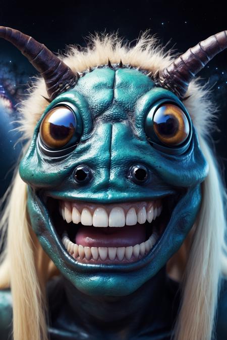 portrait of a beetle monster, human smile, human teeth,galaxy eyes, lips, blonde fur on head