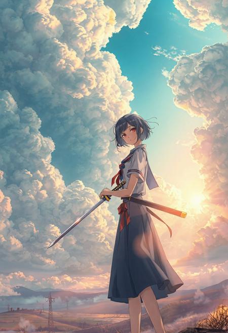 "Vertical 9:16 anime-style sky in ultra-detailed 4K resolution. A vast, painterly sky stretches endlessly, filled with massive, textured clouds in complex folds, subtle contours, and soft ridges. Gaps between the clouds reveal patches of baby-blue sky and warm sunlight beams filtering downward. Below, a mystical landscape fades into a dreamy blur. In the foreground stands an anime-style girl with shoulder-length dark hair and intense red eyes, inspired by Saya Otonashi from Blood+. She wears a traditional school uniform with a red ribbon and blue skirt, posed dynamically. She holds a katana with both hands in a ready stance, blade angled diagonally downward, tip glowing faintly, grip firm and focused. Her expression is serious and calm. Wind slightly lifts her hair and ribbon. Soft edge lighting surrounds her figure, with detailed cinematic lighting and subtle ambient haze. The color palette blends pastel blues, pinks, and golden sunlight, evoking a nostalgic, emotional atmosphere with ethereal, layered depth."