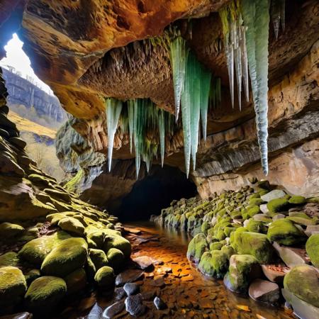 FRONTAL VIEW, FIRST PERSON VIEW, hyper-realistic, photo-realistic, hdr, The entrance to the cave is a gaping mouth on the slope of rugged cliffs, framed by sharp stones and hung with strands of moss and lichen that sparkle with moisture. When you cross the threshold, the air cools significantly, in stark contrast to the warmth outside. The ground is uneven and damp, consisting of a mixture of smooth stones and areas of soft soil that have been worn down by time.
The walls of the cave are a painting of flowers, with layers of mineral deposits creating stripes of rusty red, deep ochre and muted green hues. Stalactites hang from the ceiling like ancient chandeliers, their sharp ends sparkling, catching the faint light coming from the entrance. Some of them are thick and sturdy, while others are thin and fragile, resembling frozen waterfalls.
Deeper in the cave, the passage narrows, leading to a more spacious chamber, which opens dramatically. The ceiling here rises high above the head, decorated with complex formations resembling natural sculptures. Pockets of crystals protrude from the walls, rel