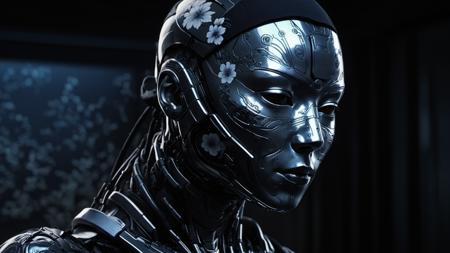 female cyborg, urban ninja, sci-fi, schematic, ((data glitch effect)), liquid chrome, holographic face, dark fantasy, chiaroscuro, portrait, niji style, ukiyo-e, floral patterns, ((masterpiece)), (Ultra-HD), (high-resolution), (16k), (epic), (insanely detailed:1), (photorealistic:1), color-graded, anime style, concept art, drawing, edge lines, harsh shadows, high contrast, (dark shadows, warm colors, dark colors, high contrast)