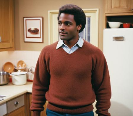 realistic, 1man, dark skin male, wool sweater, talking, standing in a sitcom kitchen, bowls full of chocolate pudding, looking to the side, day, 35mm film grain, 1980s style, <lora:Sitcom__Drama_Style:0.75>