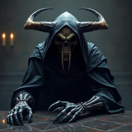 Create a highly detailed, 8K portrait of a grimdark lich Skeletor, full-body with horns, sitting on a table. The image should feature a black cloak, be rendered in a 2018 style, and have a photo quality. Incorporate micro details, follow the golden ratio, and achieve a surrealistic and dramatic atmosphere. The output should be in 4K or 8K, with a full-width, mastodon-inspired design.
