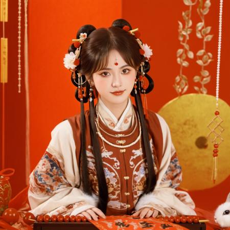 longnianhao,long4, 1girl, hair ornament, solo, flower, chinese clothes, red background, black hair, rabbit, looking at viewer, jewelry, realistic, blurry, hanfu, instrument, upper body, animal, necklace, hair flower,  bangs, depth of field, long hair, beads, bug, hair rings, blurry foreground, earrings, butterfly, twintails, long sleeves, holding, dress,  makeup, brown hair, food<lora:longnianhaosdxl-000010:0.8>