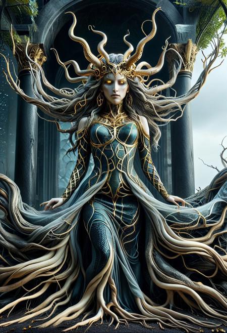 masterpiece, absurdres, best quality, amazing quality, ultra-detailed, newest, extremely detailed, very aesthetic, 
rating_safe, source_anime, 
BREAK, 
1girl, medusa, beautiful Medusa, a Gorgon, long hair, serpentine hair, snake hair, each snake with glowing eyes, 
hair made of tree, hair made of PG-TR, PG-TR, 
spiderweb, cobweb, 
golden eyes, glowing eyes, alluring and menacing, crown of serpents, 
dress, qu4ntum dress, silver circuits, exhaust pipe, black and gold pipe, digital circuits, 
tattered gown made from dark mystical fabrics, 
pale skin, marble-like hue, shimmering in the moonlight, 
Around her, statues of former victims stand frozen in place, and the air is thick with an ominous aura. 
from below,