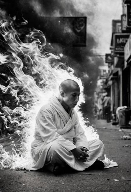 Monochrome, burning monk amidst flames in White clothes sitting amidst a street, rage against the Machine, heavy grain, petrol canister, towering flames billowing in the Wind,