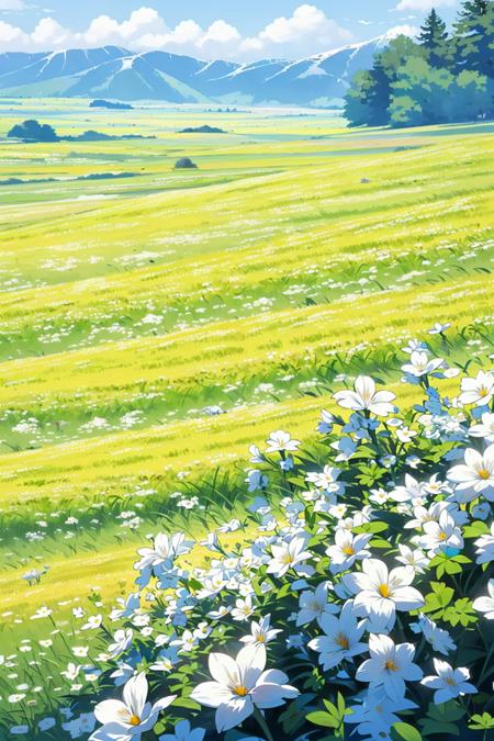 grass, flower, no humans, outdoors, white flower, scenery, green theme, field, day, nature, plant<lora:Flower field_20230729165144:0.78>