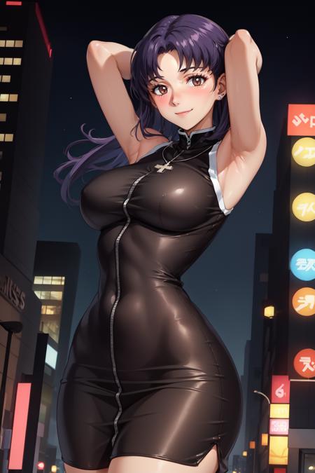 MisatoD, 1girl, solo, purple hair, long hair, jewerly, breasts, large breasts, looking at viewer, smile, earrings, bangs, brown eyes, cowboy shot, closed mouth, necklace, cross necklace,  stud earrings, dress, sleeveless dress, short dress, black dress, arms behind head, arms up, bare shoulders, parted bangs, blush, 
outdoors, night, city, sky, buildings, neon city,
wide hips, thin waist, zipper, large breasts, wide hips, curvy, tall female, mature female, 
BREAK
masterpiece, best quality, highly detailed background, perfect lightingbest quality ((shiny skin, glossy skin, detailed skin)),  <lora:MisatoD:0.8>