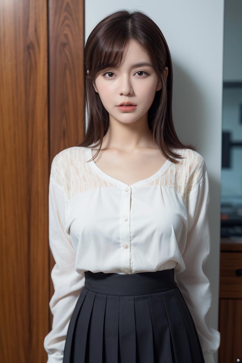 Asian girl in white dress and black belt.