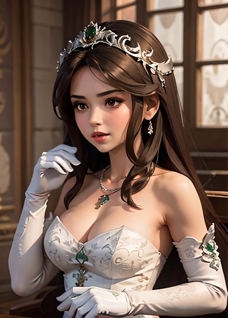 high level of detail, best quality, masterpiece,
<lora:garnettilalexandros_smf_lora_e02:0.9>, 1girl, garnet-smf, jewelry, solo, necklace, dress, long hair, tiara, breasts, brown eyes, gloves, brown hair, elbow gloves, cleavage, bare shoulders, medium breasts, white dress, strapless, wedding dress, white gloves, lips, strapless dress, princess