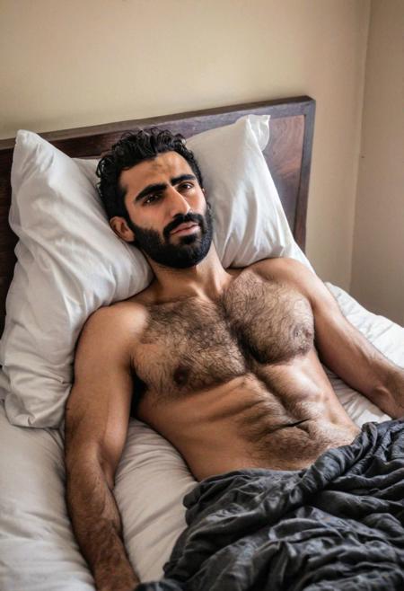 A hairy chested fit Syrian man in bed