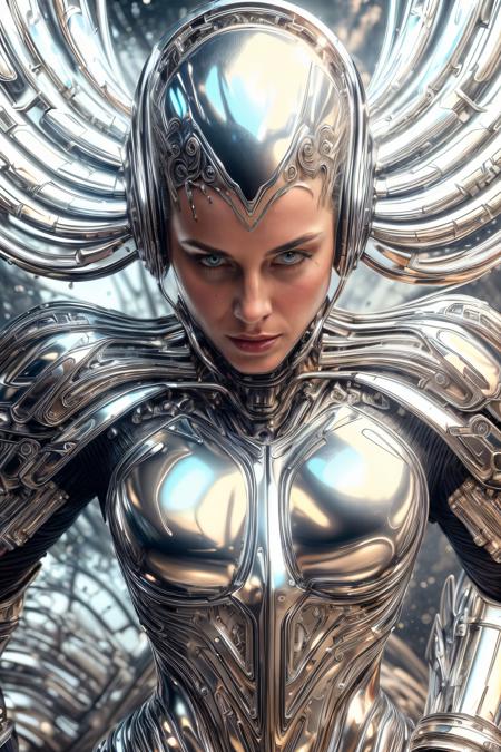 <lora:add_detail:1> <lora:ChromeTech:0.8> (masterpiece, best quality, realistic, detailed, sharp:1.2), intricate details, 1GIRL, chrometech, android, scifi, sleek, ((explosive pose)), expressionism, movie still, ((liquid metal)), metallic, gleaming, metallic , metal reflection, symmetrical, clear reflection, clean metal, chrome, ballroom background