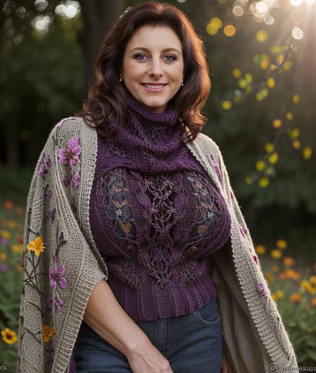 1v3n1g , mature, Ultra-HD-details, nature, outdoor, Colorful flowers, undergrowth, warm light, sunset, upper body, breast, large breast, smile, Cloak, intricate, detailed eyes, Short jeans, (Knit turtleneck)