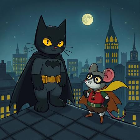 a cat in a batman suit over a roof in gotham city in the night and a little mouse with a robin suit