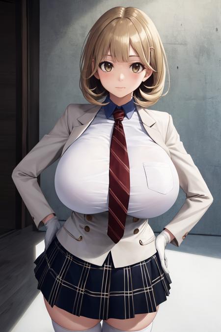 masterpiece, best quality, 1girl, solo, looking at viewer, <lora:ryoukanarusawa-on-richy-v1:1> ryoukaschool, necktie, skirt, white thighhighs, white gloves, (huge breasts:1.2), standing, hands on hips