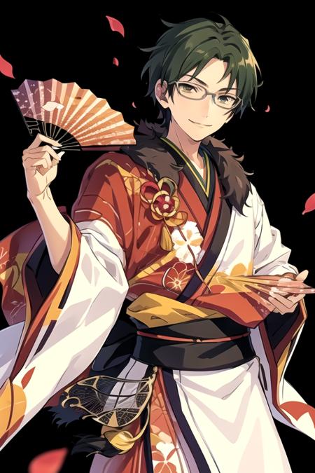 <lora:Keito-07:0.7> , keitoes, looking at viewer, smile, simple background, black hair, white background, holding, japanese clothes, wide sleeves, kimono, twitter username, sash, fur trim, petals, hand fan, folding fan, holding fan