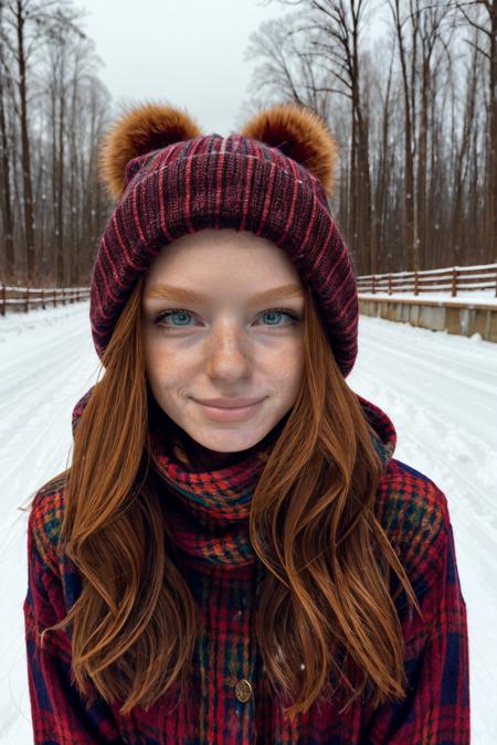 myfoxyland, a woman wearing winter clothes, snow,   <lora:myfoxyland:1>
