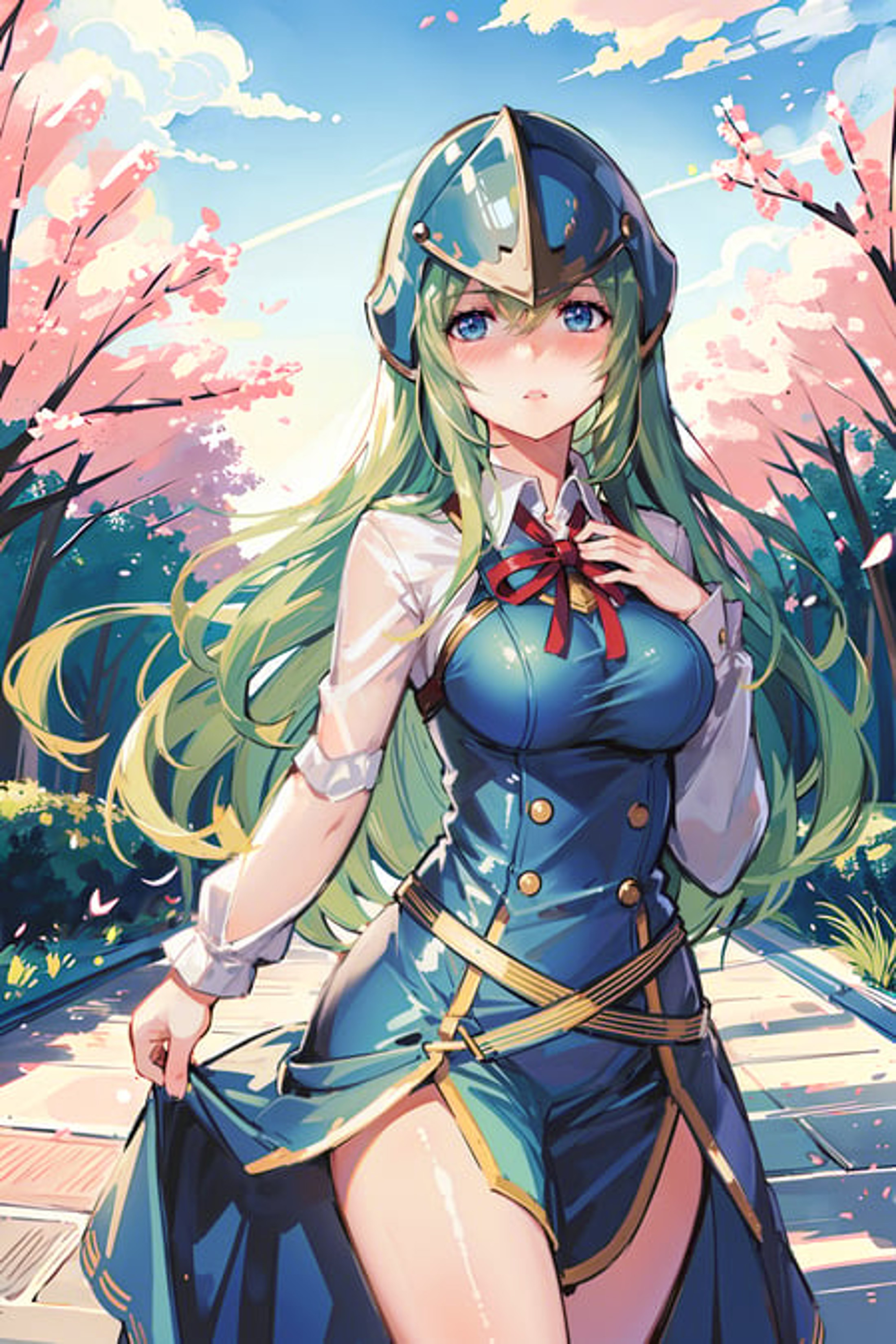 1girl, outdoor, forest, sky, nephenee, looking at viewer, blush, parted lips, nervous, helmet, white shirt, blue skirt, cl...