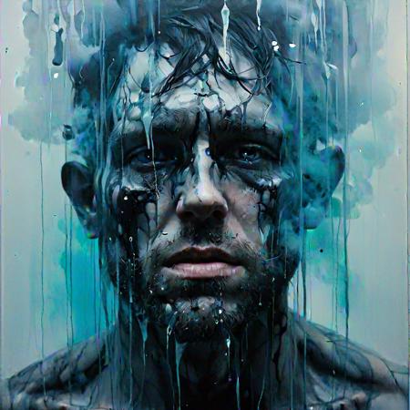 male, the inner strange is hidden behind curtains of failure and fear by Conrad Roset, Brandon Kidwell, Andreas Lie, Dan Mountford, Agnes Cecile, Jeremy Mann, oil and ink canvas, fine art, super dramatic light, amazing depth, hyperdetailed, iridescent water, misty clouds with intense electric energy, <lora:add-detail-xl:1.3>, smoke at bottom