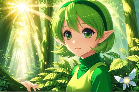 saria green hair, pointy ears, short hair, tunic