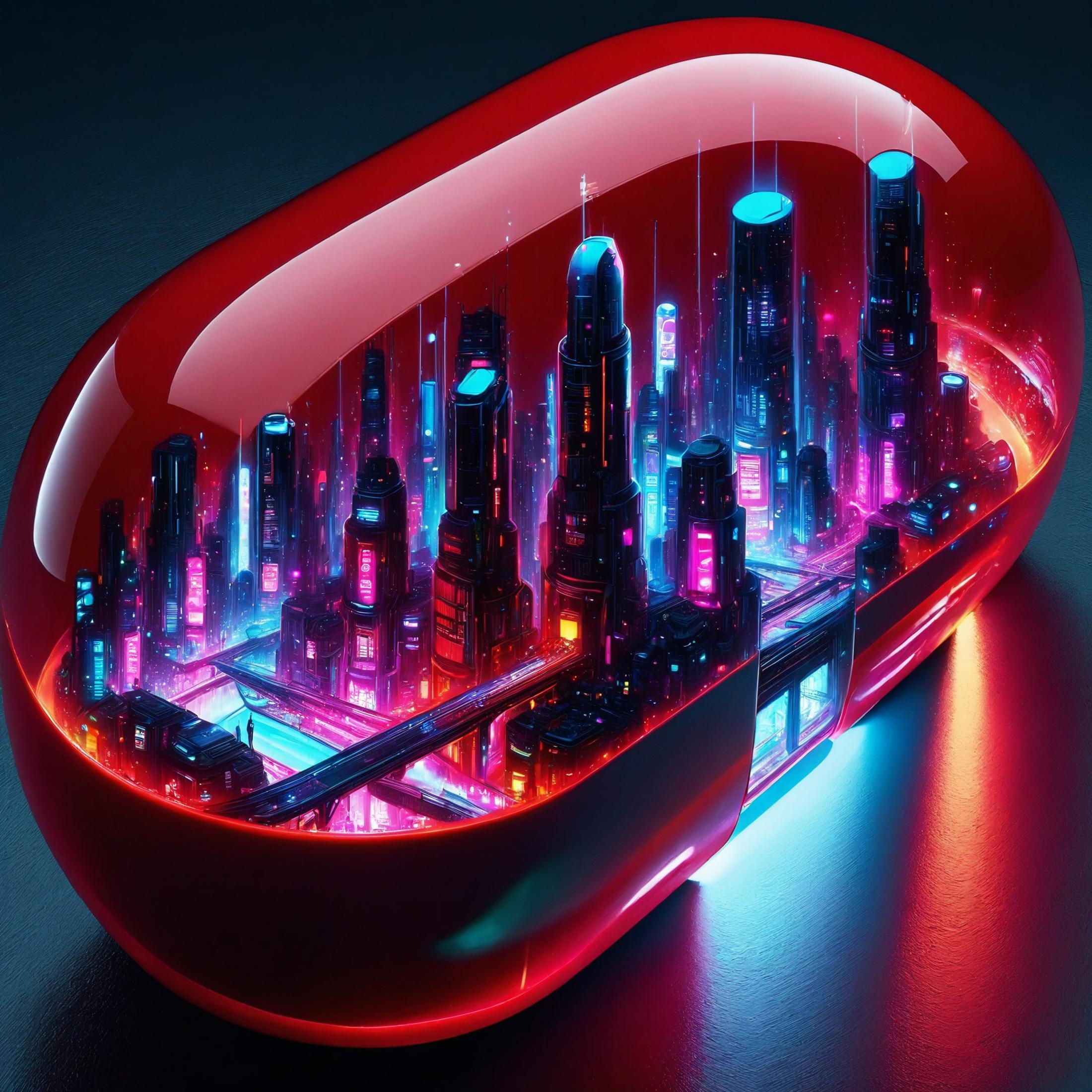 A neon illuminated red pill with a cityscape inside.