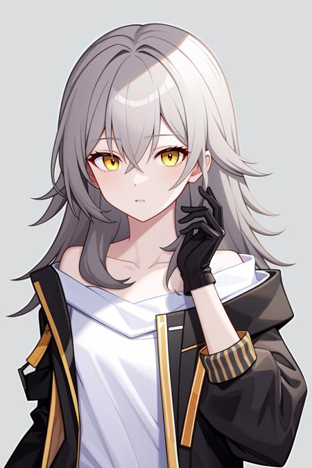 xing,yellow eyes,long hair,bangs,grey hair,jacket,shirt,white shirt,black jacket,gloves,hair between eyes,black gloves,open clothes,open jacket,collarbone,off shoulder,