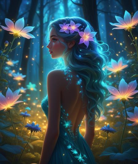 Style-PaintMagic, high quality, 8K Ultra HD, wide shot, (beautiful and sexy Bioluminescent girl with a slim figure:1.2), beautiful flowing Bioluminescent flowers forming a beautiful girl, Bioluminescent hair, full depth of field and realistic textures, hands in hair, arms up, neon, glowing, (fractal art:1.3), night, enchanted forest, flowers, firefly, (detailed background:1.3), wholesome, (rating_explicit), <lora:add-detail-xl:0.8>  <lora:picxReal_10:1>, detailed skin texture, (blush:0.2), (goosebumps:0.3), subsurface scattering, dry skin, fuzzy skin