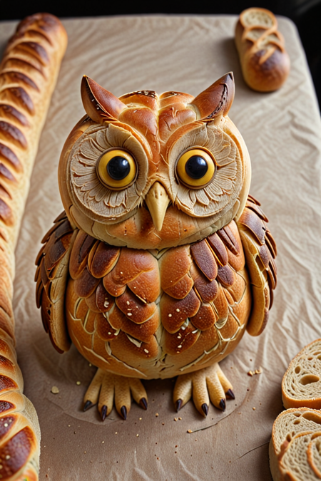 owl, made of bread, cinematic photography  <lora:Buns_Lora_SDXL:1>
