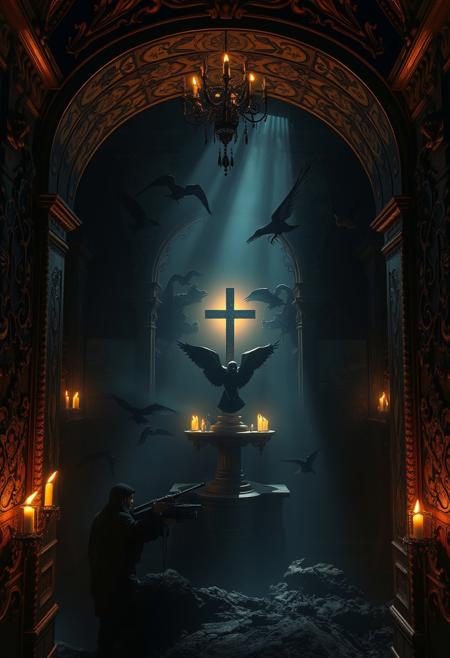 La Chambre D'Echo" - Where the death birds sing , sad environment, Dark, melancholic, Epic, hyper detailed, ultra realistic, top dramatic lights, dynamic shadows