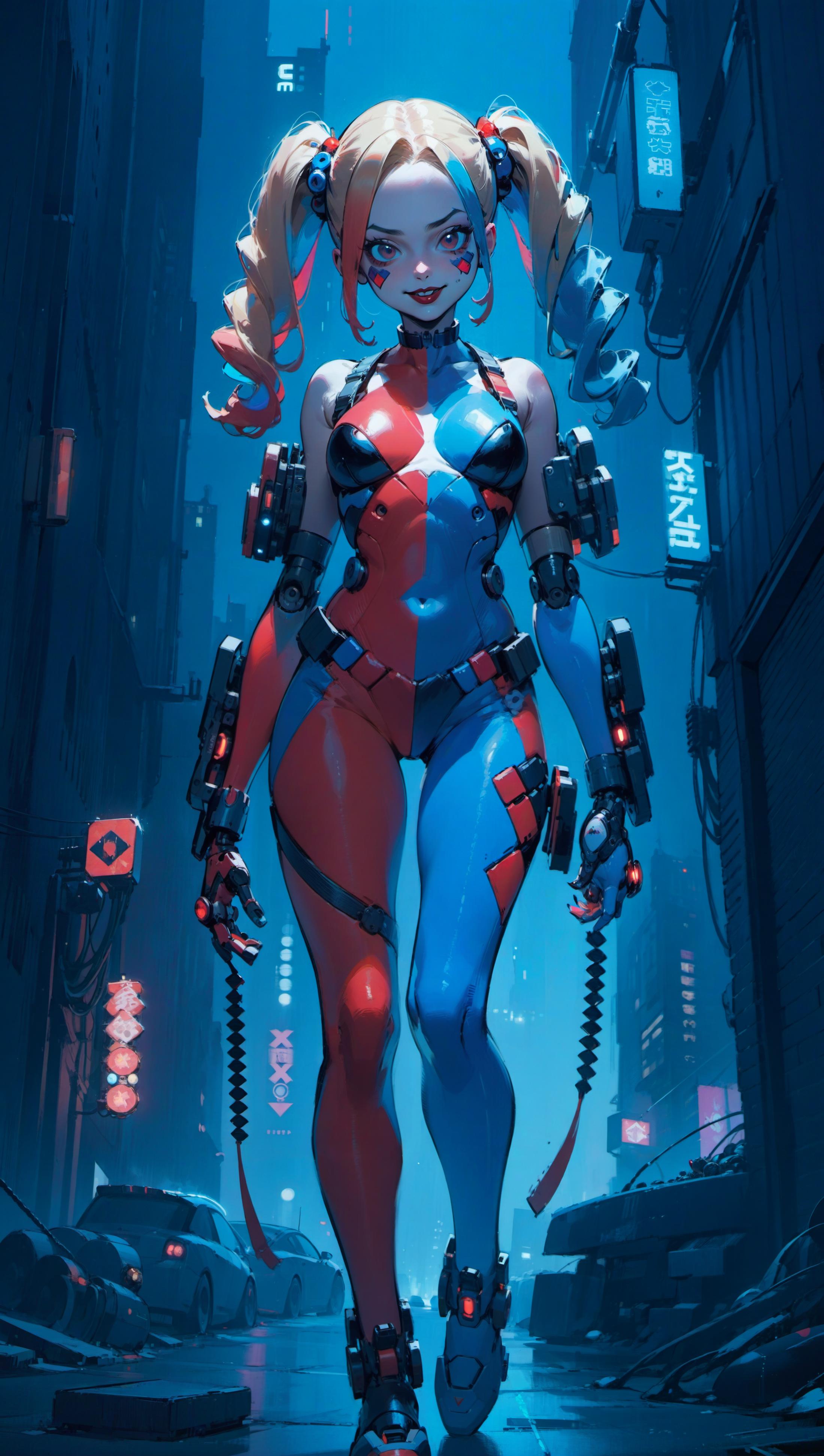 Blue and Red Comic Character Walking in a Cityscape