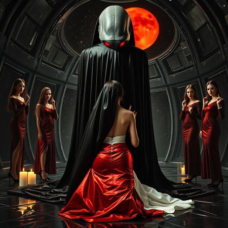 high-society elegant slender norvegian rich innocent young bride kneeling at whorish red glossy foil pillow from behind. She is ensnared by a towering, gray human-like alien, draped in a long, glossy black slime cloak, its eyes gleaming red with an otherworldly intensity.   its hands fastens steel slave collar  on her. Surrounded by strict ladies wearing  glossy satin dominatrix attire and glossy high heels,  holding candles.   weird wet-look black slime  walls and floor, colossus observation blister to outer space full of stars, bright red moon, vintage-inspired makeup, long hairs, ultra thin waist, evil grin, porcelain skin, lipstick, red nails, in the style of a haunting, retro-futuristic 1950s sci-fi nightmare, horror, alien space base,,