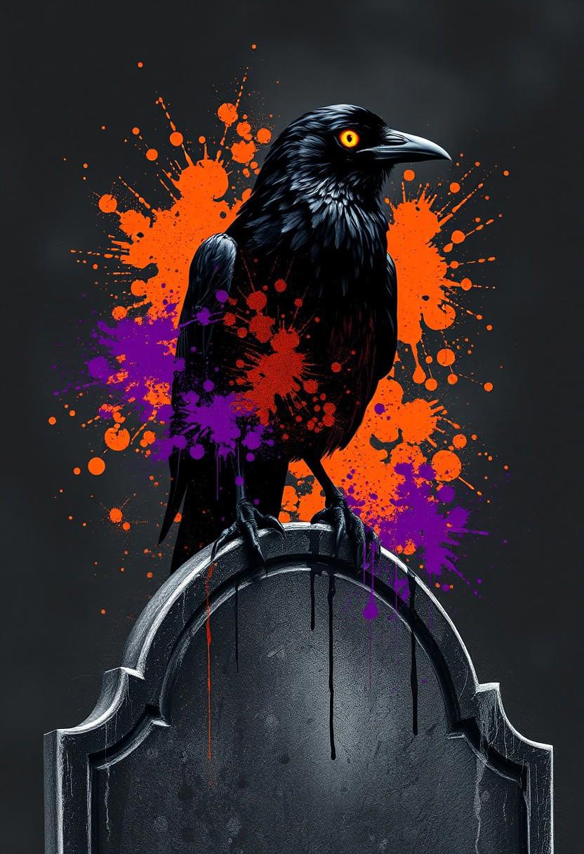 A hauntingly beautiful image of a crow perched on a weathered, graphite gravestone, surrounded by a vibrant, Halloween-themed paint splatter. The crow's body, a sleek, black silhouette, is highlighted by a splatter of bright, orange and purple paint, creating a stunning, contrast effect. The crow's eye, a vibrant, bold yellow, seems to gleam with an otherworldly intensity, as if illuminated by the moon. The paint splatter, a dynamic, expressive mess of color, appears to be dripping, with tiny, glowing drops of paint suspended at the end of each splatter. The overall effect is one of eerie, Halloween magic, as if the viewer is witnessing a mysterious, supernatural encounter. The dark, graphite background provides a striking contrast to the vibrant, paint splatter, creating a sense of depth and dimensionality. highest-Quality, intricate details, visually stunning, Masterpiece