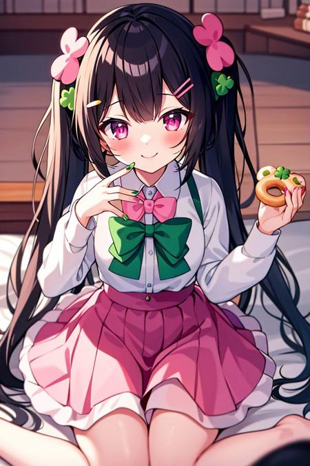 MARUMOCHI,1girl, hair ornament, clover, bow, twintails, smile, stuffed toy, green bow, solo, clover hair ornament, long hair, four-leaf clover, stuffed animal, green nails, black hair, hairclip, shirt, skirt, low twintails, doughnut, bangs, collared shirt, white shirt, stuffed bunny, plaid, long sleeves, food, bowtie, looking at viewer, pink bow, four-leaf clover hair ornament, hair bow, nail polish, sweater, blush, pink eyes