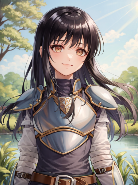 <lora:Astrid_FE-10:1>, astrid fe, 1girl, solo, long hair, smile, nature, pond, trees, long sleeves, closed mouth, upper body, belt, armor, shoulder armor, breastplate, brown belt