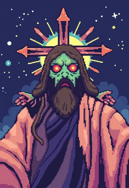 Jesus Christ but it is really a squid 
Pixel art style