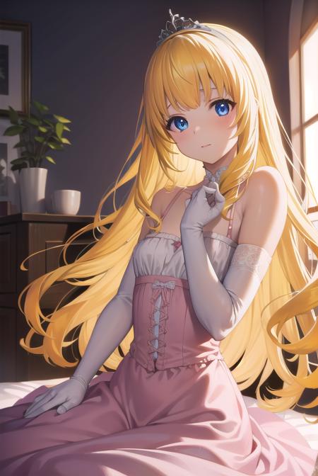 latifa fleuranza, (yellow hair:1.5), blue eyes, long hair, diadem, tiara, elbow gloves, gloves, white gloves, dress, frilled dress, long skirt, frilled skirt, corset, (pink dress:1.5),