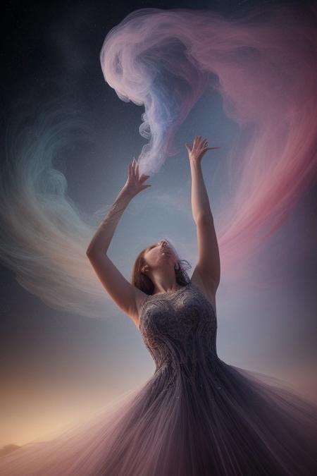 surreal, waltz of fractal smoke over the abyss, fantasy smoke, dresses and stars, dynamics, movement, wind, colorful, intricate details, perspective, hyper-detailed, hyper-realism, professional photoshoot