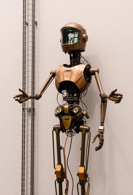 The image is a photograph of an intricate, modern art installation, likely displayed in a museum or gallery. The subject is a humanoid robot or a mechanical sculpture, standing upright. The robot's body is constructed from a combination of metal and other materials, including what appears to be a mix of copper, bronze, and possibly other metals, giving it a warm, reddish-brown hue. 
The robot's upper body features a helmet-like structure with a transparent, possibly glass-like visor, revealing a complex, inner mechanical structure beneath. Its arms are elongated and jointed, with mechanical fingers extended outward. The torso and lower body are equally intricate, showcasing a labyrinthine arrangement of metal rods, gears, and wires, giving the impression of a detailed, mechanical skeleton.
The background is a plain, light gray wall, providing a stark contrast to the robot's rich, earthy tones. To the left of the robot, there's a vertical, metallic structure, possibly a wall-mounted display or a part of the exhibit's framework. The overall style of the robot suggests a blend of industrial and organic design elements, with a futuristic, almost biomechanical aesthetic. The lighting is soft and even, highlighting the intricate details of the robot's construction.