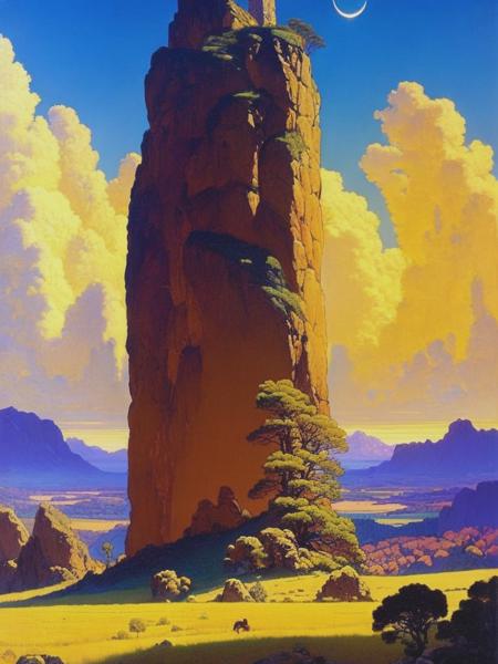 <lyco:MaxfieldParrish:1.0> lord of rings, a distant view, tower of a distant view, only stone field, style of Maxfield Parrish, Maxfield Parrish,