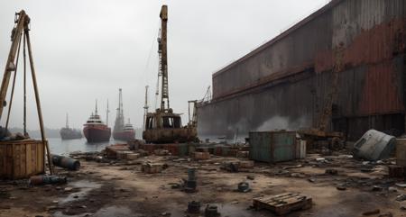 Post-apocalyptic, shabby Scout Gear: Binoculars, hooded cloak, lightweight boots, leggings, utility belt., With a Portable Radio, on a post-apocalyptic harbor, rotting docks, rusting ships, broken warehouse crates, immobile crane., high quality, absurdres,   <lora:environmentart:0.5>