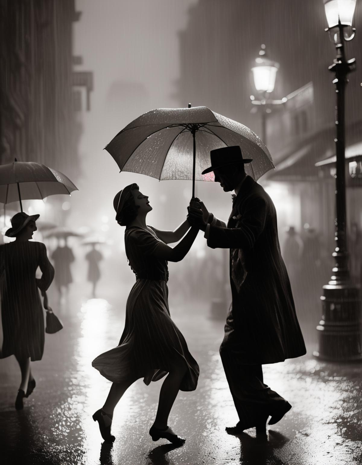 Man and woman dancing in the rain under umbrellas